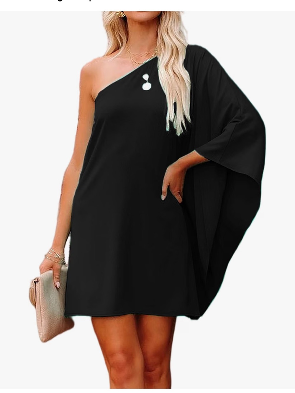 Amazon One-Shoulder Black Draped Sleeve Dress